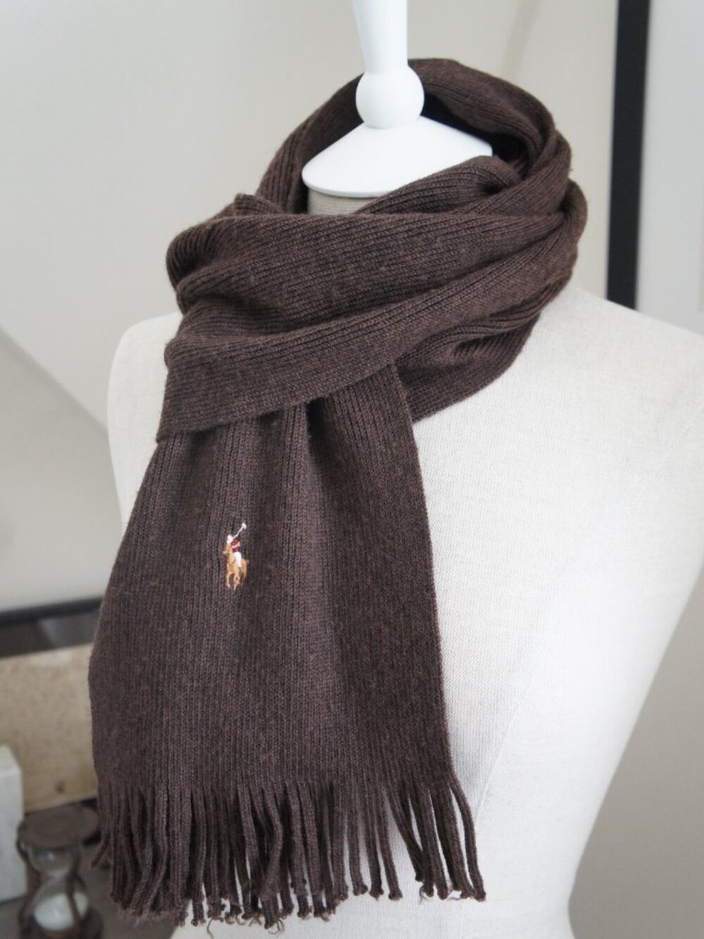 Polo Ralph Lauren 90s Vintage 100% Merino Wool Dark Brown Fringe Scarf - Picture 6 of 10